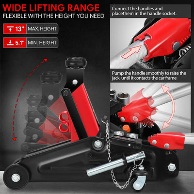2-Ton Portability Hydraulic Floor Jack <br> Lifting Height of 5.1 and a Max. Height of 13 in.