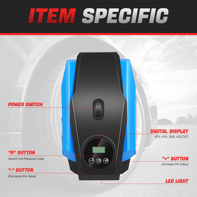 12V Digital Wireless Portable Air Pump<br>For Small Cars Tire Up To 50 PSI & 245 mm