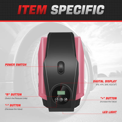 12V Digital Wireless Portable Air Pump<br>For Small Cars Tire Up To 50 PSI & 245 mm