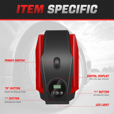 12V Digital Wireless Portable Air Pump<br>For Small Cars Tire Up To 50 PSI & 245 mm