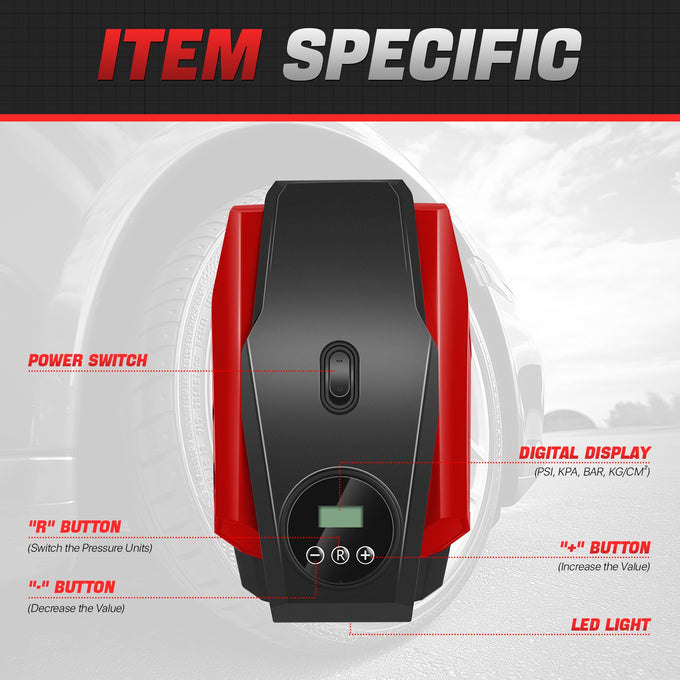 12V Digital Wireless Portable Air Pump<br>For Small Cars Tire Up To 50 PSI & 245 mm
