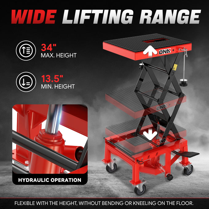 300LBS Hydraulic Motorcycle Scissor Jack Lift <br> Overall Dimension(in.): 16.14 L X 13.38 W