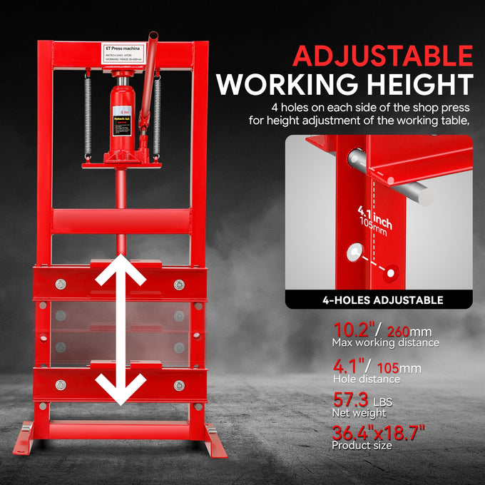 10.2 in. Max H-Frame 6-Ton Hydraulic Shop Press<br>Adjustable Benchtop Work Table