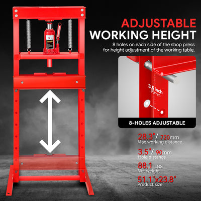28.3 in. Max H-Frame 12-Ton Hydraulic Shop Press<br>Adjustable Benchtop Work Table