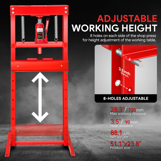 28.3 in. Max H-Frame 12-Ton Hydraulic Shop Press<br>Adjustable Benchtop Work Table