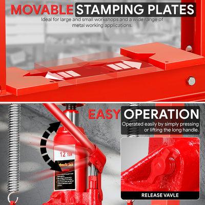28.3 in. Max H-Frame 12-Ton Hydraulic Shop Press<br>Adjustable Benchtop Work Table