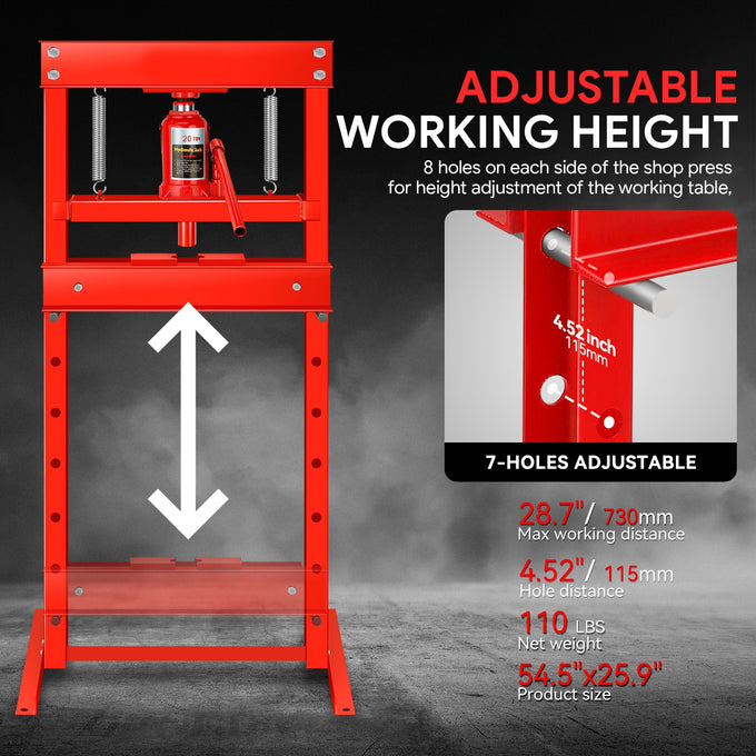 28.7 in. Max H-Frame 20-Ton Hydraulic Shop Press<br>Adjustable Benchtop Work Table