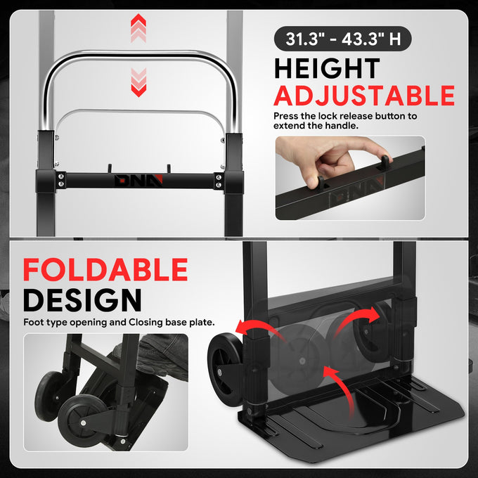 Retractable Handle 200lbs Aluminum Foldable Hand Truck<br>Overall Dimension 16.1 in. x 17.9 in. x 43.3 in,