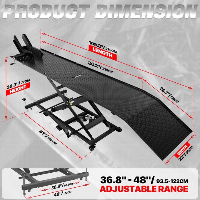 7.2-30.3 inches Lift Range Motorcycle Lift Table<br>Overall Dimensions 86.2 in. L x22 in. W x 26.7 in. H