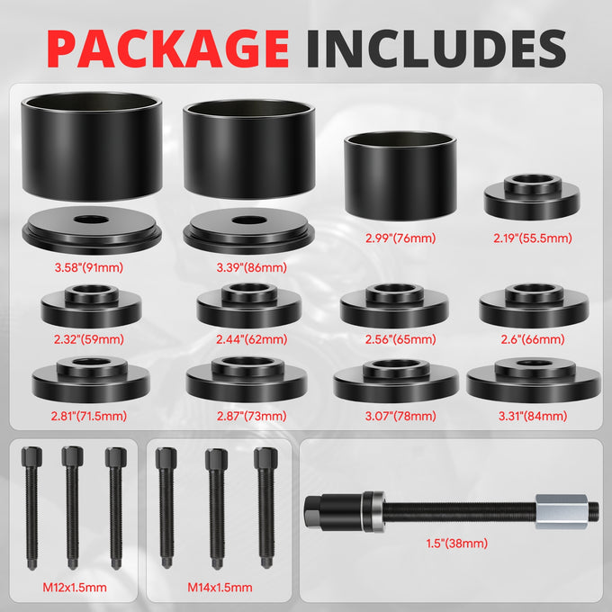 19Pcs Carbon Steel Front Wheel Bearing Press Kit<br>1-8 Series Iron Sleeve