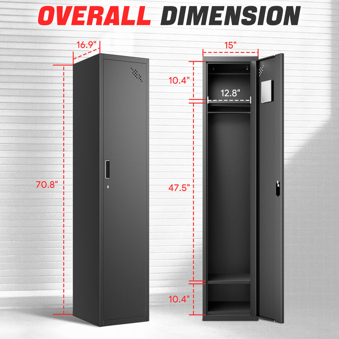 Lockable Metal Storage Cabinet w/3 Separate Spaces <br> Overall Dimensions(in.):71 H x 15 W x 17 D