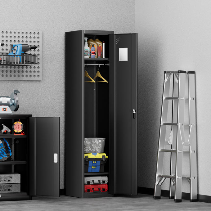 Lockable Metal Storage Cabinet w/3 Separate Spaces <br> Overall Dimensions(in.):71 H x 15 W x 17 D