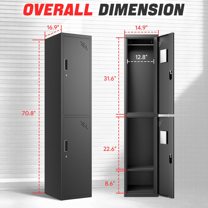 2-Doors Lockable Metal Storage Cabinet w/3 Spaces <br> Overall Dimensions(in.):71 H x 15 W x 17 D