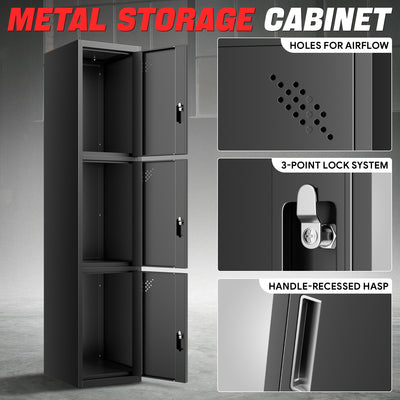 3-Doors Lockable Metal Storage Cabinet w/3 Spaces <br> Overall Dimensions(in.):71 H x 15 W x 17 D