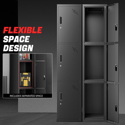 3-Doors Lockable Metal Storage Cabinet w/3 Spaces <br> Overall Dimensions(in.):71 H x 15 W x 17 D