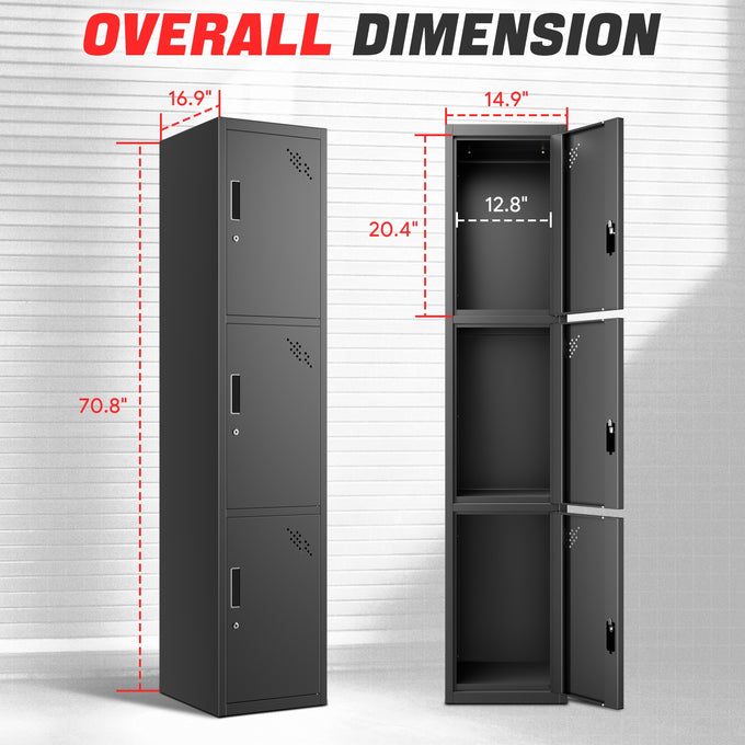 3-Doors Lockable Metal Storage Cabinet w/3 Spaces <br> Overall Dimensions(in.):71 H x 15 W x 17 D