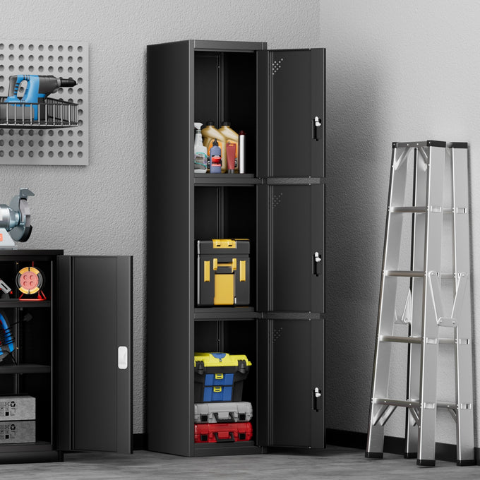 3-Doors Lockable Metal Storage Cabinet w/3 Spaces <br> Overall Dimensions(in.):71 H x 15 W x 17 D