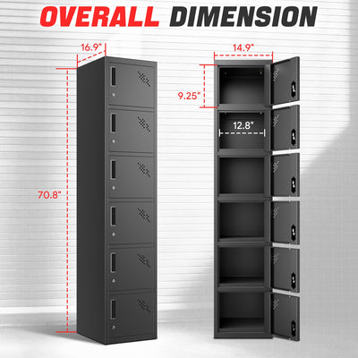6-Doors Lockable Metal Storage Cabinet w/6 Spaces <br> Overall Dimensions(in.):71 H x 15 W x 17 D
