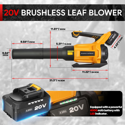 20V 4000 mAh Battery&Charger Brushless Leaf Blower<br>Maximum Wind Speed 40 m/s