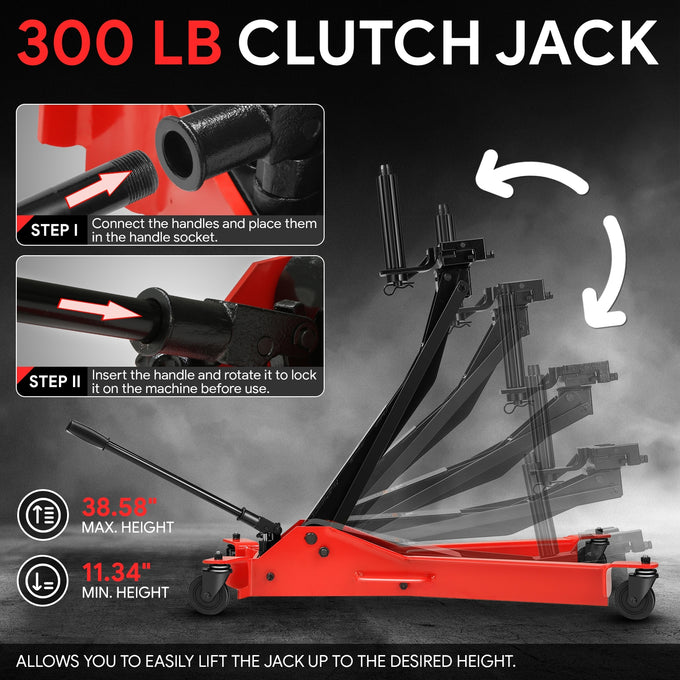 300lbs Capacity 4 Swivel Casters Clutch Jack<br>Lifting Range From 11.3-38.6 in.