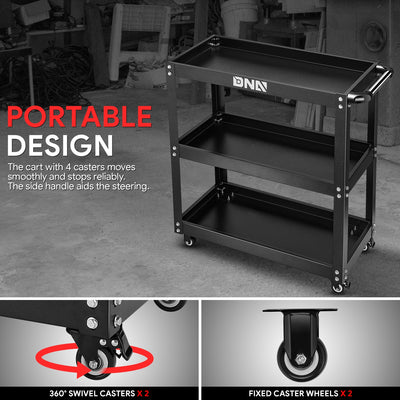 3 Tier Utility Rolling Tool Cart<br>w/ 4 x 3 in. Rubber Silent Wheel