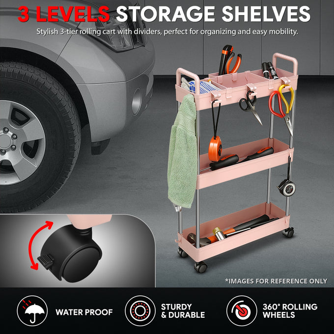 Heavy Duty 3-Shelf Slim Rolling Storage Cart<br>Plastic Shelves Diemsion 4.9 in. D x 15 in. W