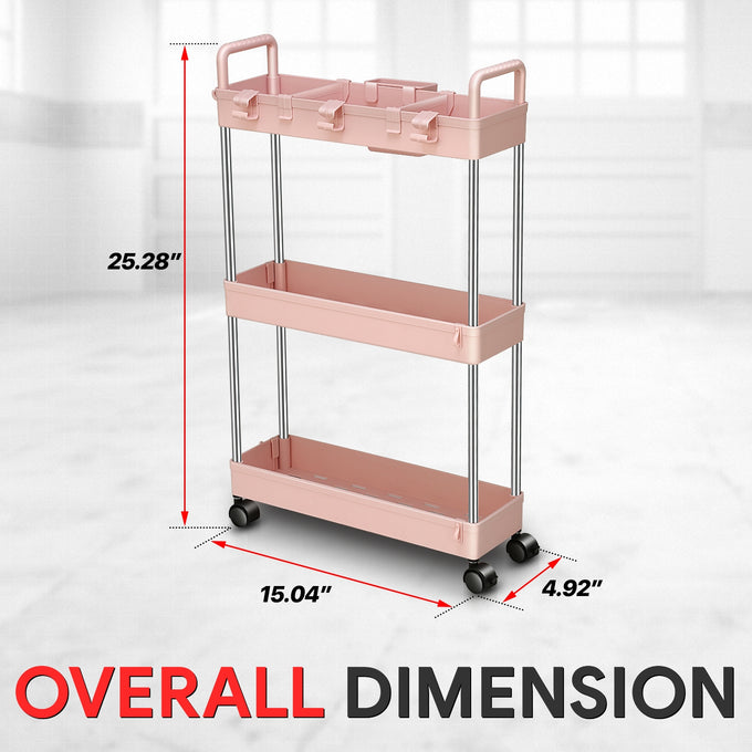 Heavy Duty 3-Shelf Slim Rolling Storage Cart<br>Plastic Shelves Diemsion 4.9 in. D x 15 in. W
