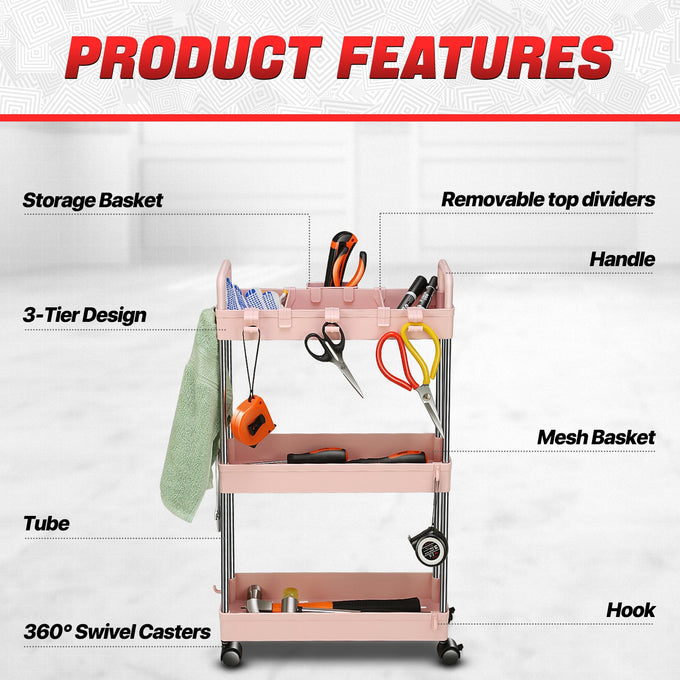 Heavy Duty 3-Shelf Slim Rolling Storage Cart<br>Plastic Shelves Diemsion 4.9 in. D x 15 in. W