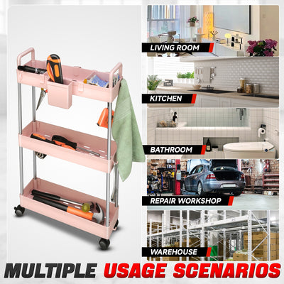 Heavy Duty 3-Shelf Slim Rolling Storage Cart<br>Plastic Shelves Diemsion 4.9 in. D x 15 in. W