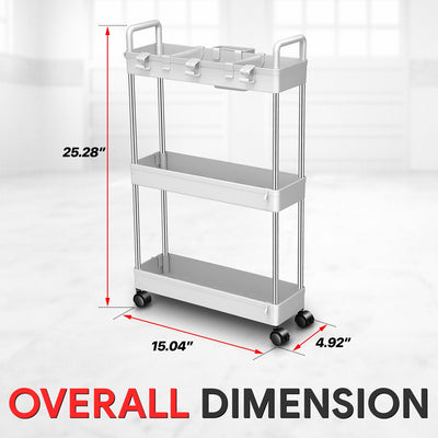 Heavy Duty 3-Shelf Slim Rolling Storage Cart<br>Plastic Shelves Diemsion 4.9 in. D x 15 in. W