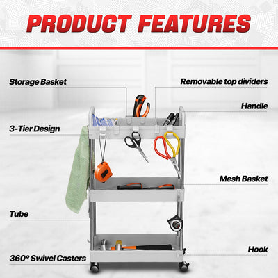 Heavy Duty 3-Shelf Slim Rolling Storage Cart<br>Plastic Shelves Diemsion 4.9 in. D x 15 in. W