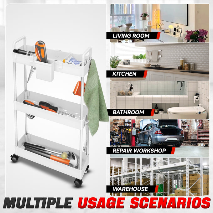 Heavy Duty 3-Shelf Slim Rolling Storage Cart<br>Plastic Shelves Diemsion 4.9 in. D x 15 in. W