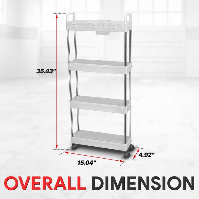 Heavy Duty 4-Shelf Slim Rolling Storage Cart<br>Plastic Shelves Diemsion 4.92 in. D x 15.04 in. W