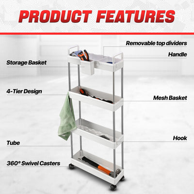 Heavy Duty 4-Shelf Slim Rolling Storage Cart<br>Plastic Shelves Diemsion 4.92 in. D x 15.04 in. W