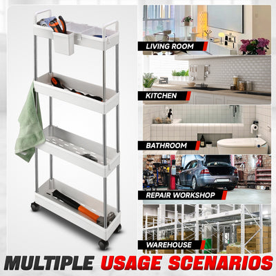 Heavy Duty 4-Shelf Slim Rolling Storage Cart<br>Plastic Shelves Diemsion 4.92 in. D x 15.04 in. W
