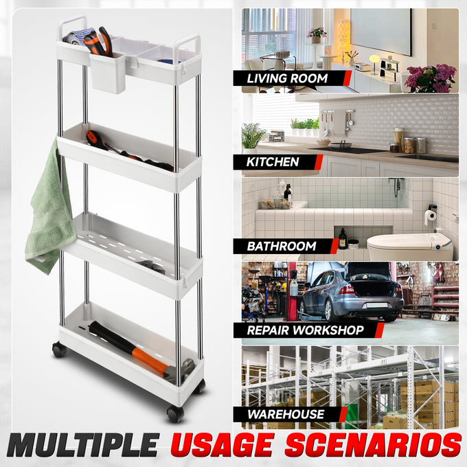 Heavy Duty 4-Shelf Slim Rolling Storage Cart<br>Plastic Shelves Diemsion 4.92 in. D x 15.04 in. W
