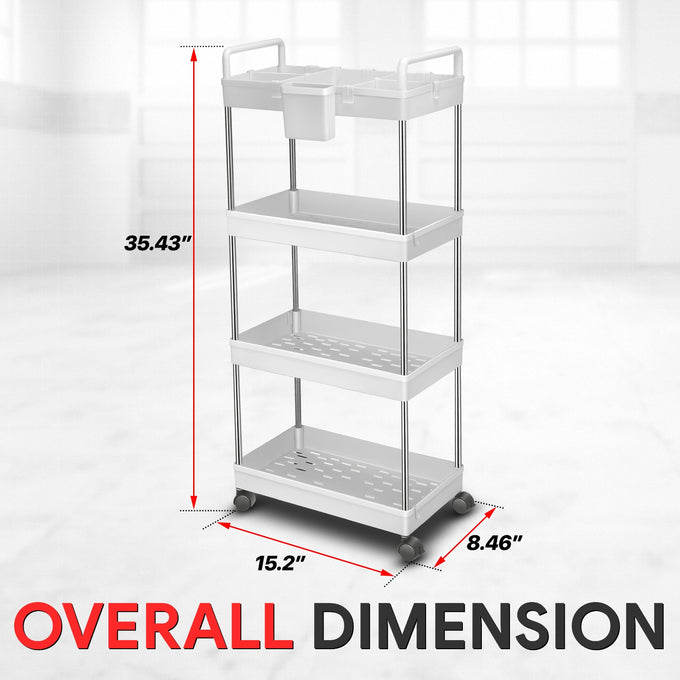 Heavy Duty 4-Shelf Slim Rolling Storage Cart<br>Plastic Shelves Diemsion 8.46 in. D x 15.2 in. W