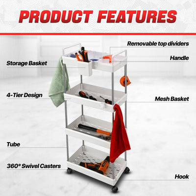 Heavy Duty 4-Shelf Slim Rolling Storage Cart<br>Plastic Shelves Diemsion 8.46 in. D x 15.2 in. W