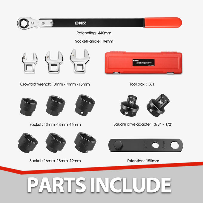 13Pcs Serpentine Belt Removal & Installation Tool Kit<br>17.5 in. In Length & 21-Tooth Reversible Ratchet