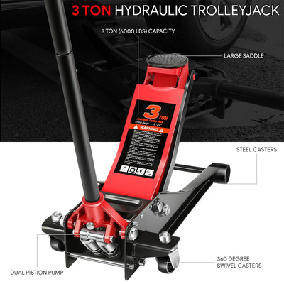 Dual Piston Pump 6000LBS Hydraulic Floor Jack<br>Large Steel Casters and 360-Degree Swivel Casters