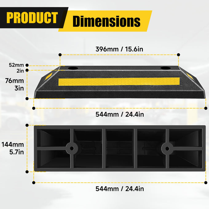 2Pcs Heavy Duty Garage Rubber Parking Stopper<br>21.2 in. X 5.7 in. X 3.14 in. w/ 1 Reflective Strip