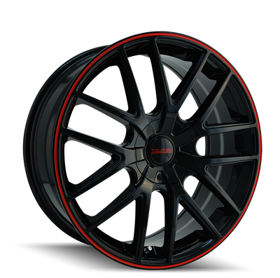 20x8.5in Gloss Black With Red Ring Wheel <br> 5x115/120 BP / 20 mm offset / 74.1 mm Hub