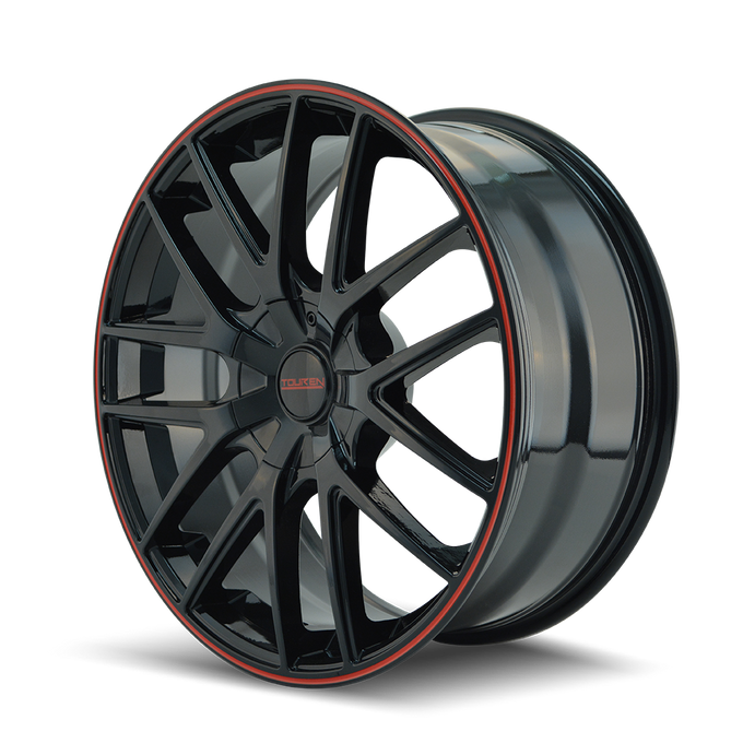 17x7.5in Gloss Black With Red Ring Wheel <br> 5x108/114.3 BP / 42 mm offset / 72.62 mm Hub