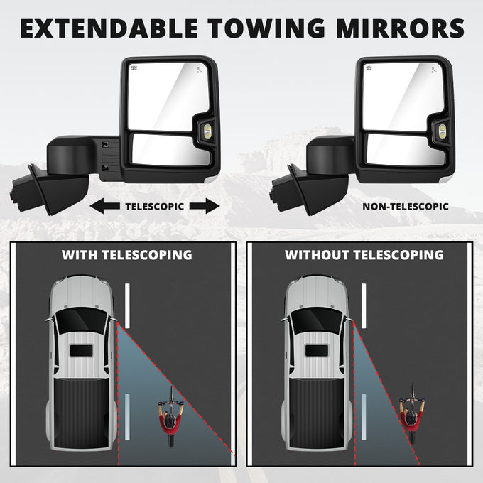 Chrome LED Turn Signals Powered Heated Tow Mirrors<br>19-25 Chevy Silverado 1500, 2022 Chevy 1500 LTD