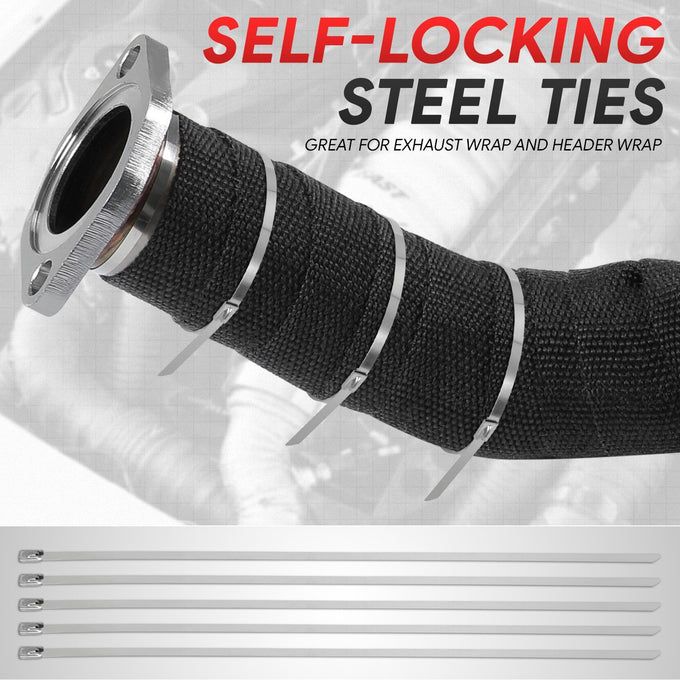Black Exhaust Header Heat Wrap W/5 X Steel Ties <br> 2 in. W X 1/16 in. THK X 360 in. L
