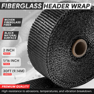 Black Exhaust Header Heat Wrap W/10 X Steel Ties <br> 2 in. W X 1/16 in. THK X 360 in. L