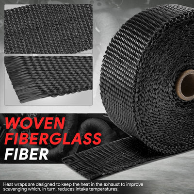 Black Exhaust Header Heat Wrap W/10 X Steel Ties <br> 2 in. W X 1/16 in. THK X 360 in. L