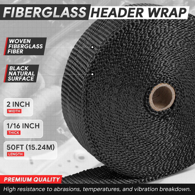 Black Exhaust Header Heat Wrap W/5 X Steel Ties <br> 2 in. W X 1/16 in. THK X 600 in. L