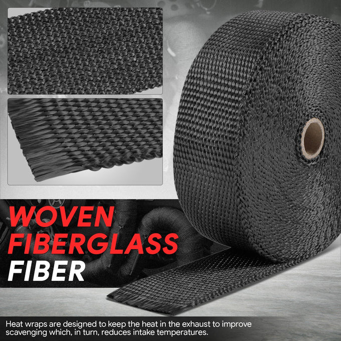 Black Exhaust Header Heat Wrap W/5 X Steel Ties <br> 2 in. W X 1/16 in. THK X 600 in. L