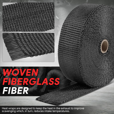 Black Exhaust Header Heat Wrap W/10 X Steel Ties <br> 2 in. W X 1/16 in. THK X 600 in. L